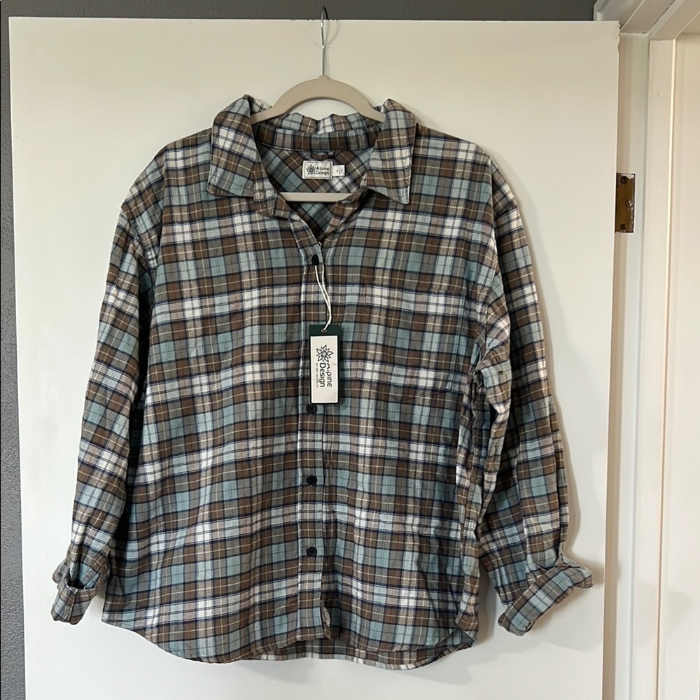 Alpine Design Blue and Brown Button Down Shirt Plaid Pattern